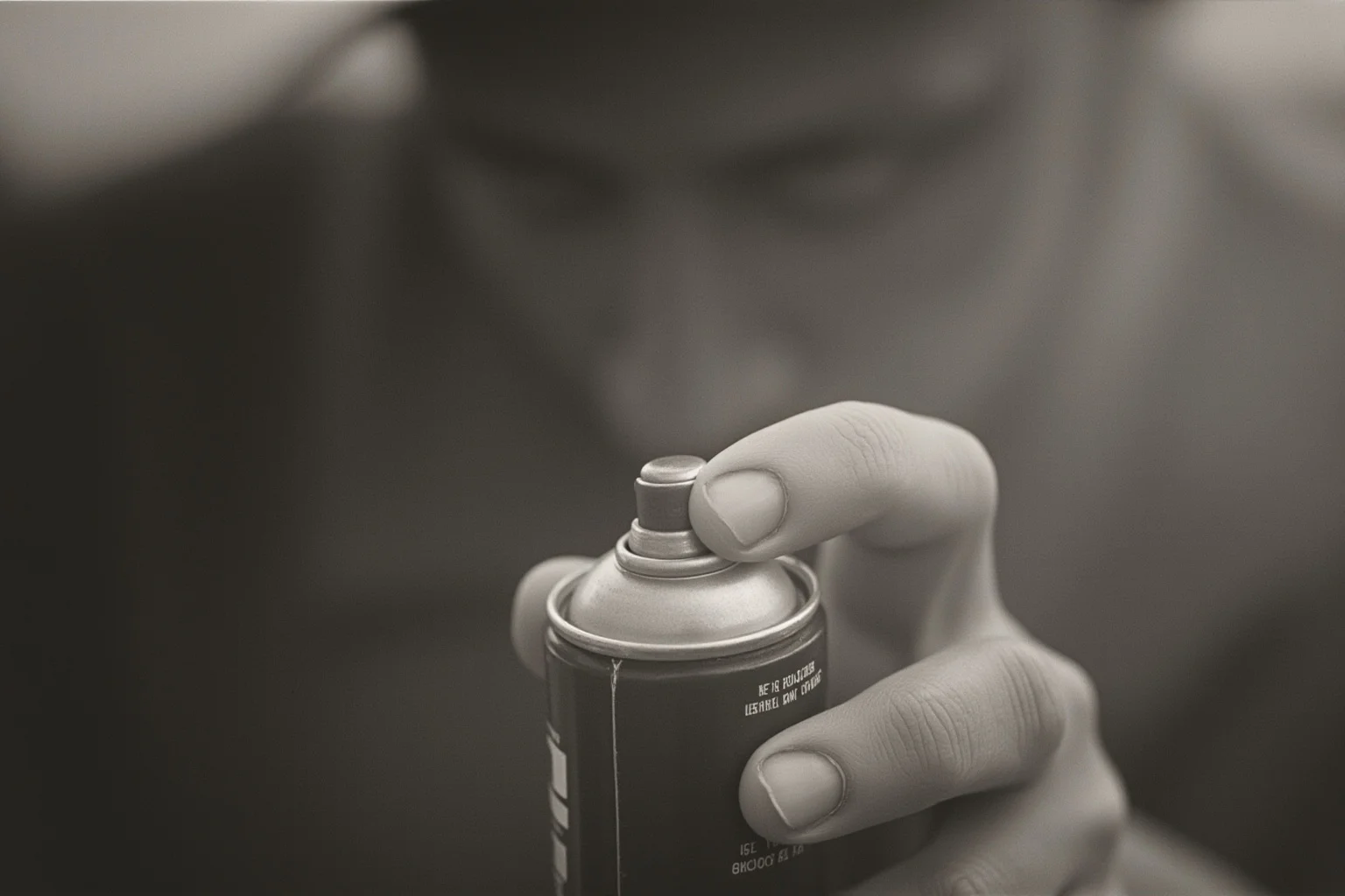 A 1940s aerosol spray can being used by a soldier to apply insect repellent, close-up