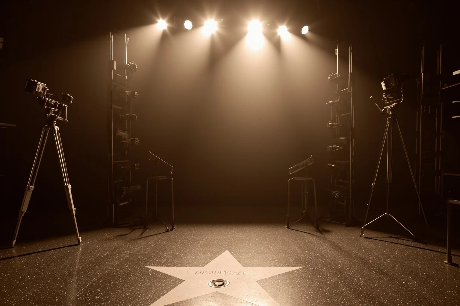 A 1940s Hollywood movie set with vintage cameras and spotlights, a star on the Walk of Fame in the foreground, sepia tones