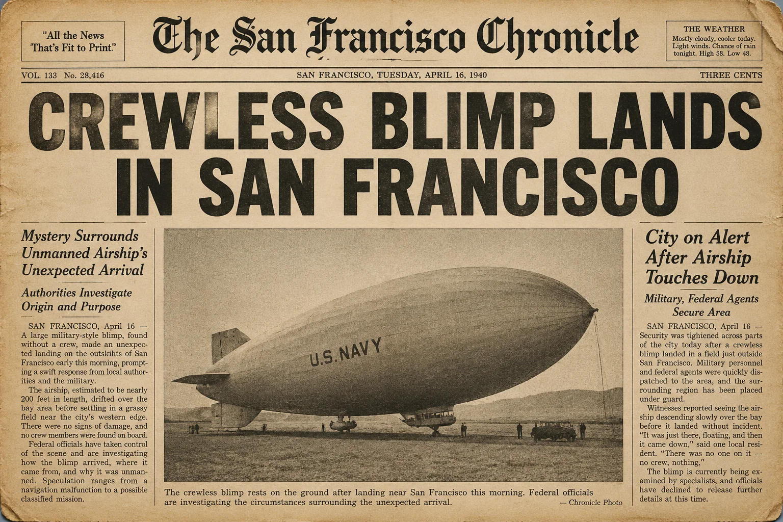 Ghost Blimp 1942: The WWII Blimp That Landed in San Francisco Without a Crew 6 A 1940s newspaper front page with a headline about a crewless blimp landing in San Francisco, aged paper texture.