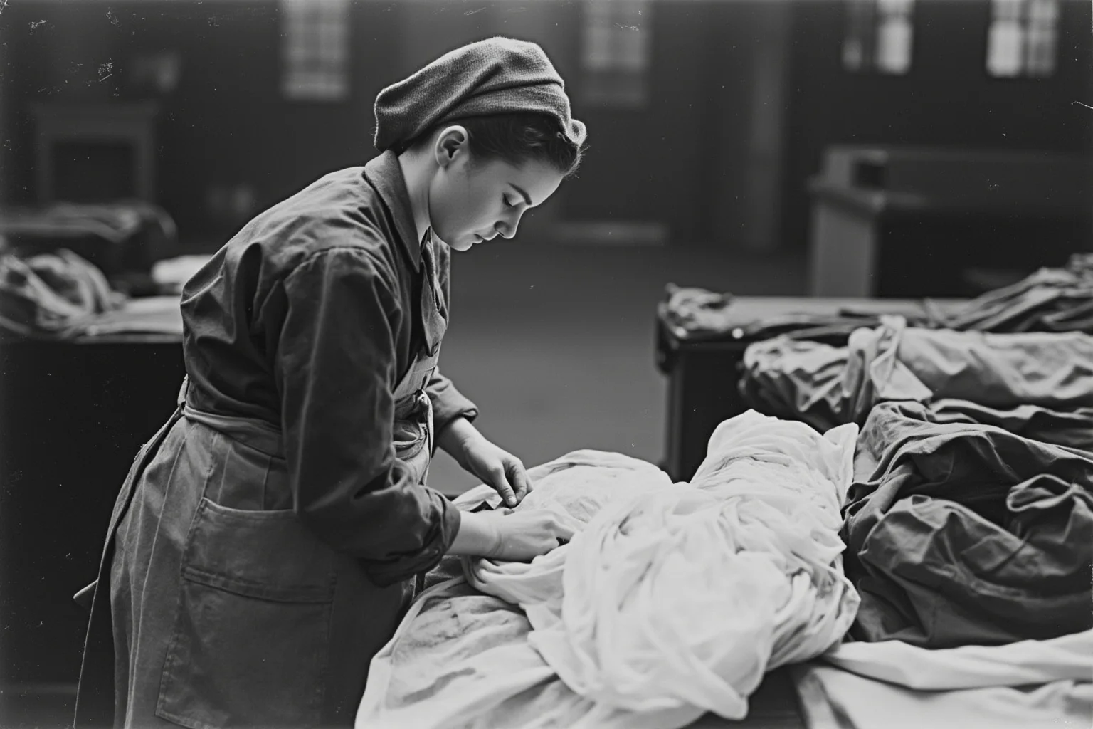 A 1940s nylon parachute being packed by a WAAF or female worker, textile factory setting