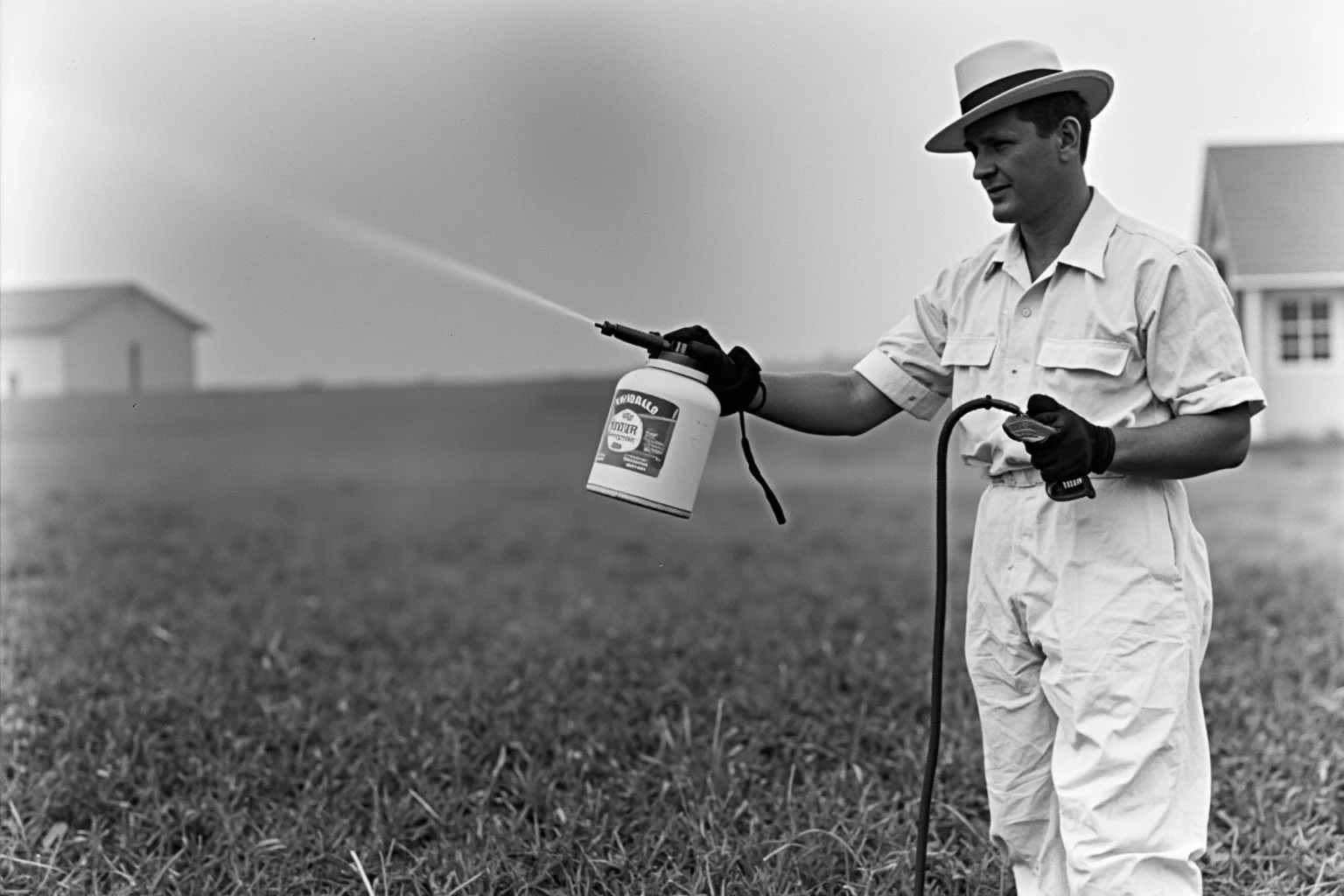 A 1940s public health worker spraying DDT to control mosquitoes, outdoor scene, historical photo style