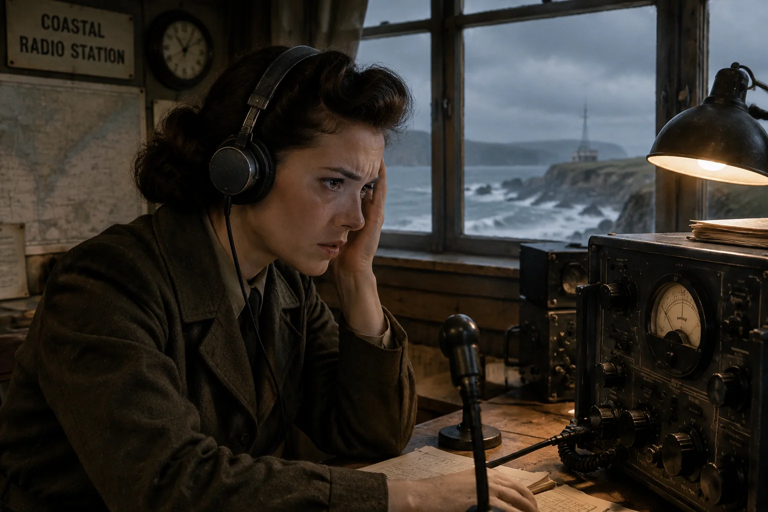 Ghost Blimp 1942: The WWII Blimp That Landed in San Francisco Without a Crew 18 A 1940s radio operator at a coastal station, headphones on, receiving a message, tense expression.