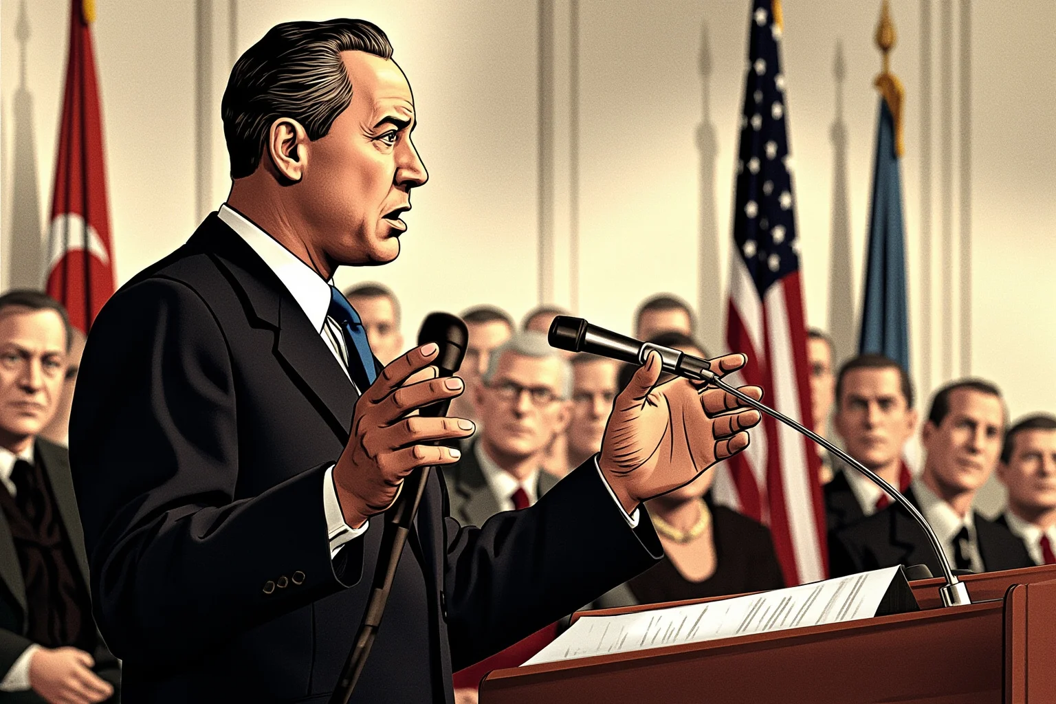 A 1940s-style illustration of an American president addressing a joint session of Congress, symbolic of the Truman Doctrine, with flags and a podium in soft focus.