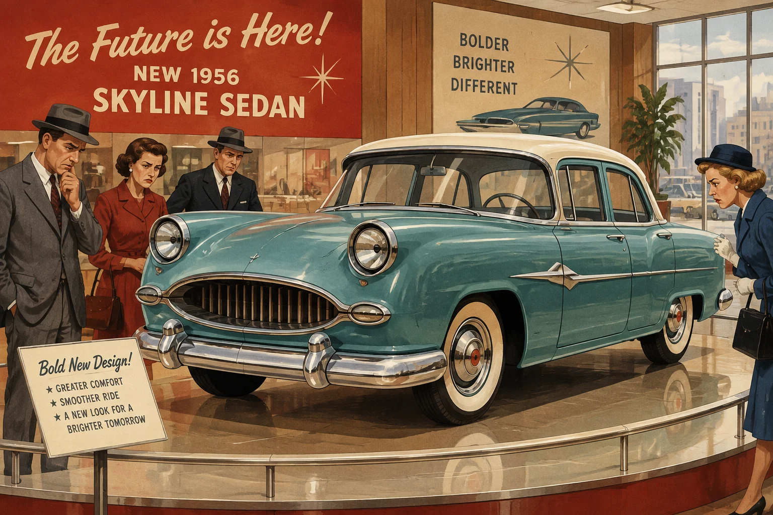 A 1950s car showroom displaying an oddly styled sedan with disappointed onlookers, retro advertising palette