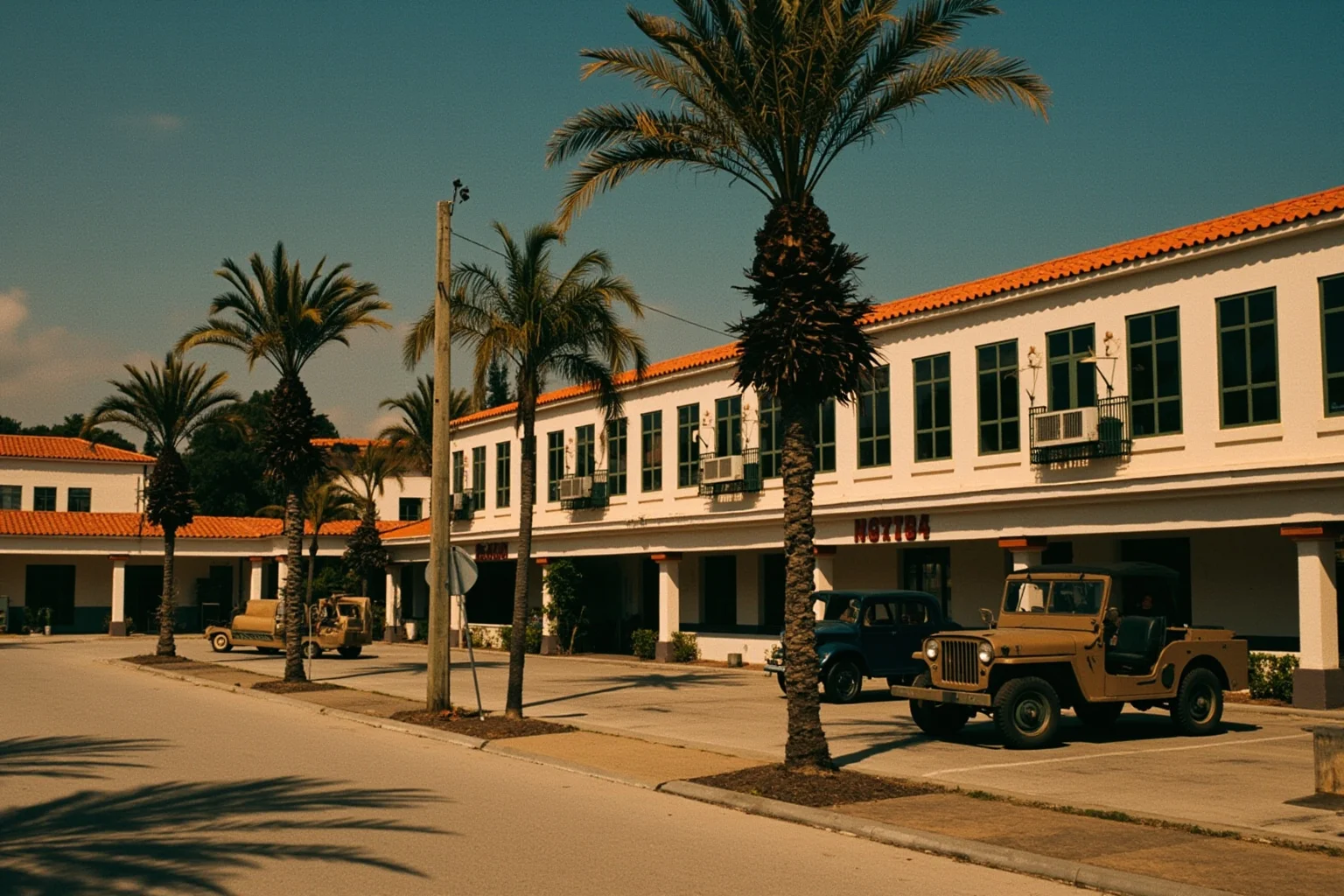 22 Evil Dictators Who Were Eventually Overthrown 8 A 1950s Caribbean casino and palm trees, with a shadowy military jeep in the background, no identifiable figures.