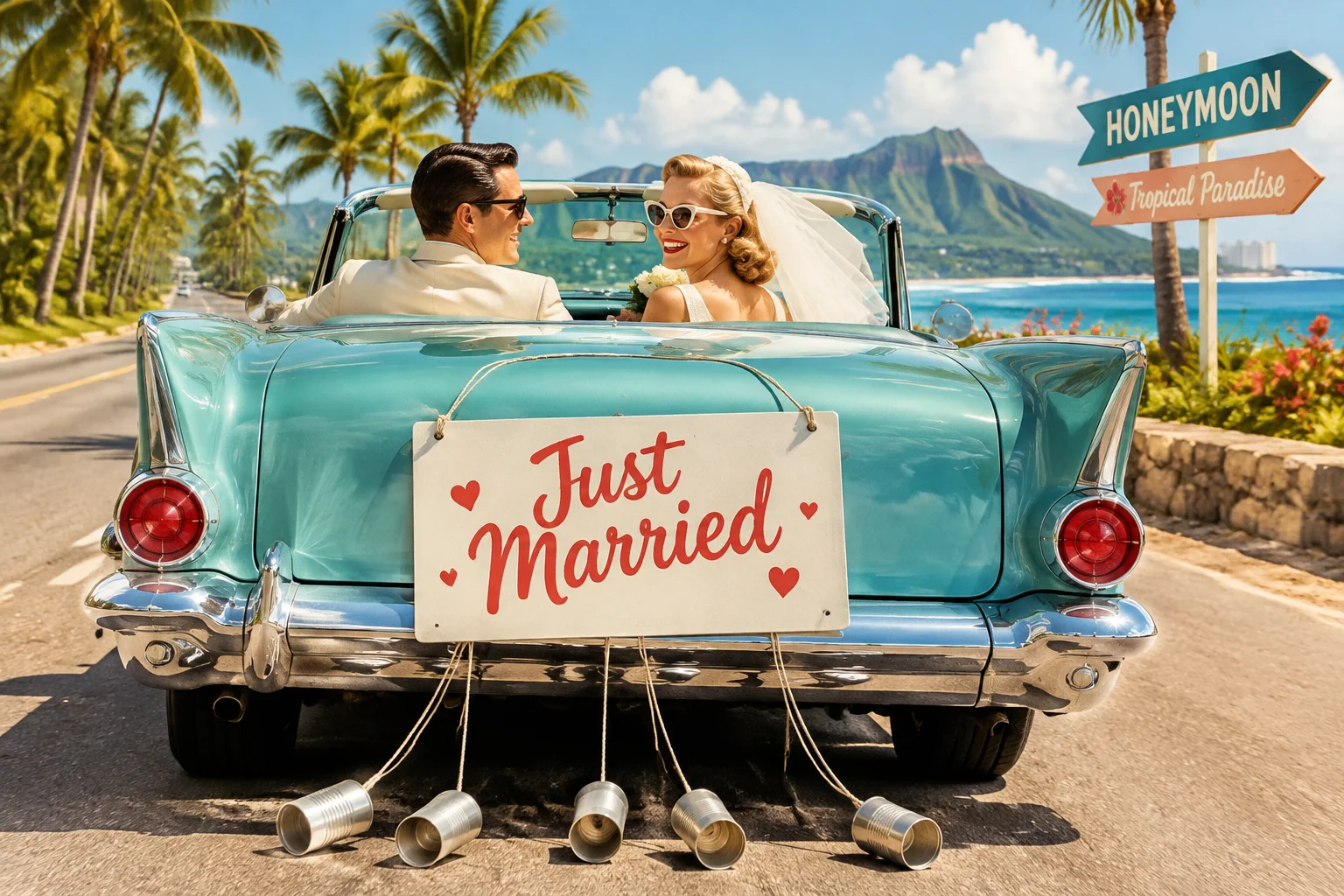 When Did Honeymoons Become A Normal Part Of Getting Married? 7 A 1950s couple in a convertible car with 'Just Married' sign, driving to a tropical honeymoon, mid-century modern aesthetic, sunny colors.