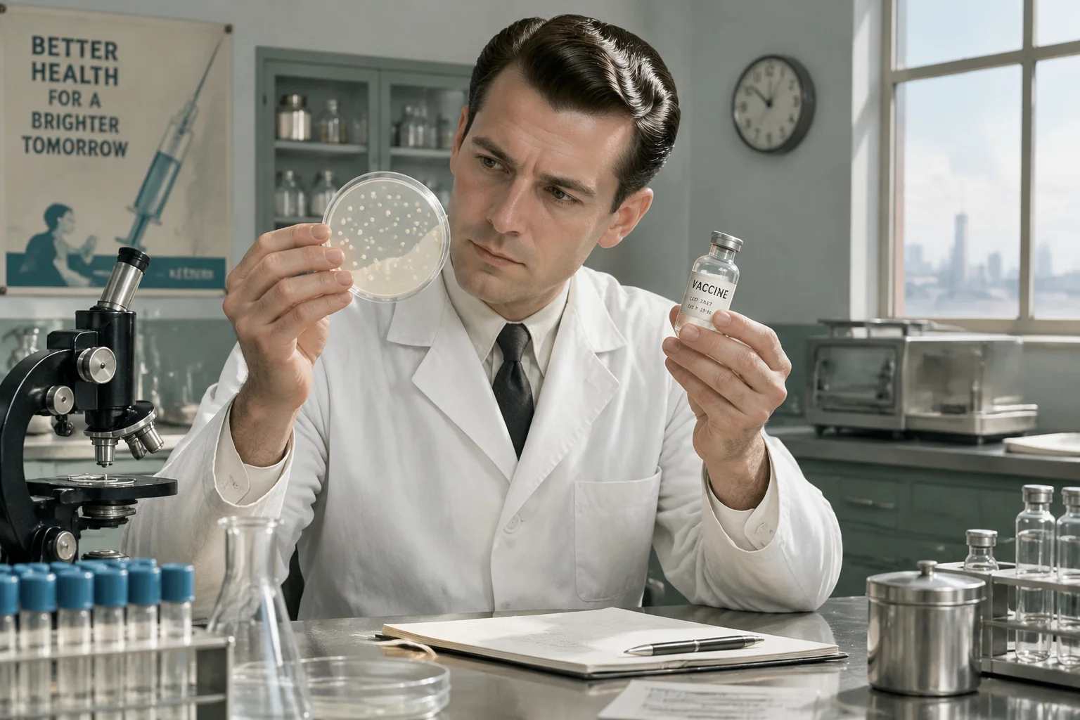 A 1950s laboratory with a scientist examining a petri dish and a vaccine vial, clinical and calm atmosphere