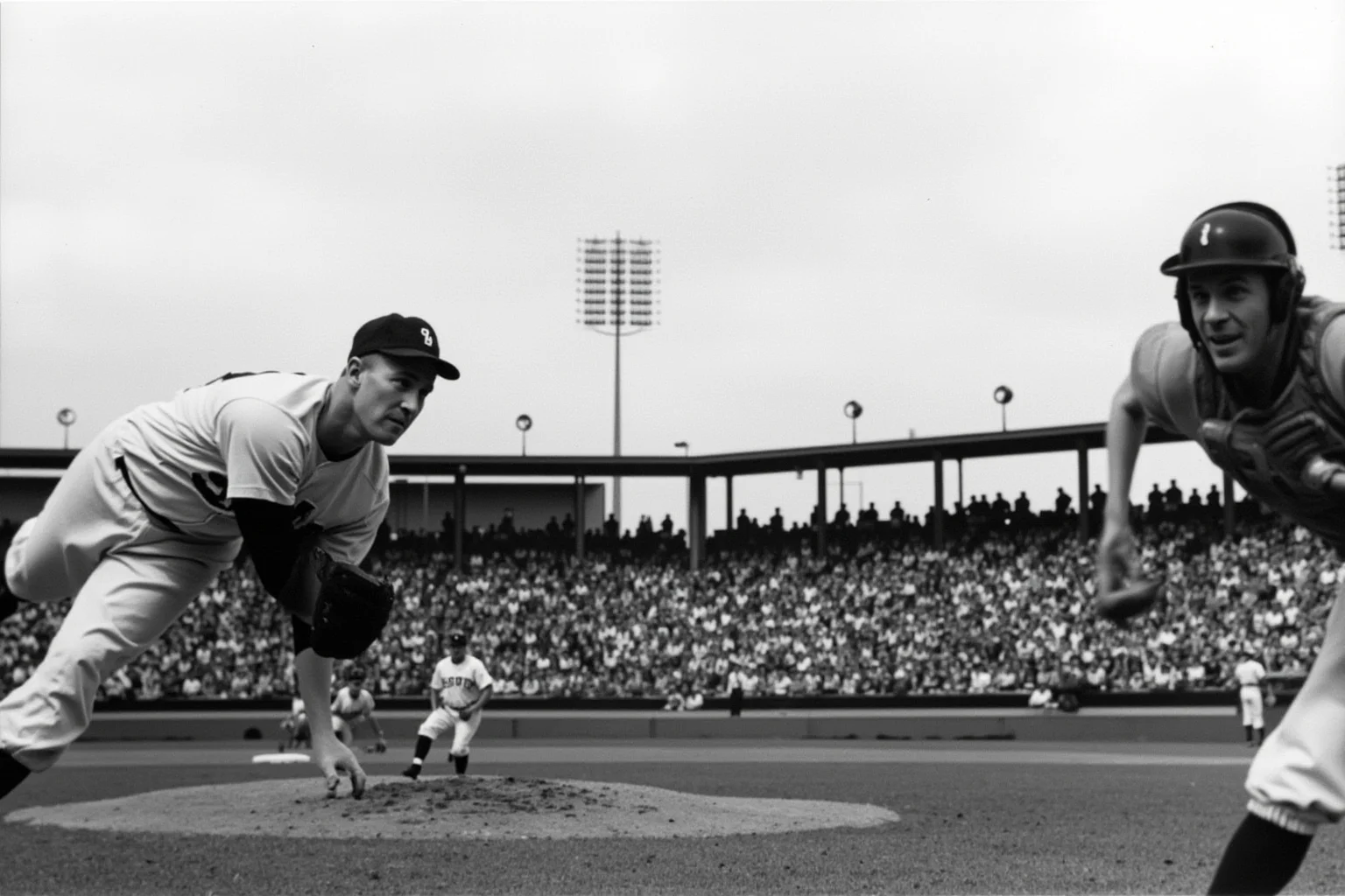 25 Memorable Moments That Defined World Series History 9 A 1950s pitcher mid-delivery during a perfect game, catcher framed behind the plate, tense vintage stadium, no recognizable faces.