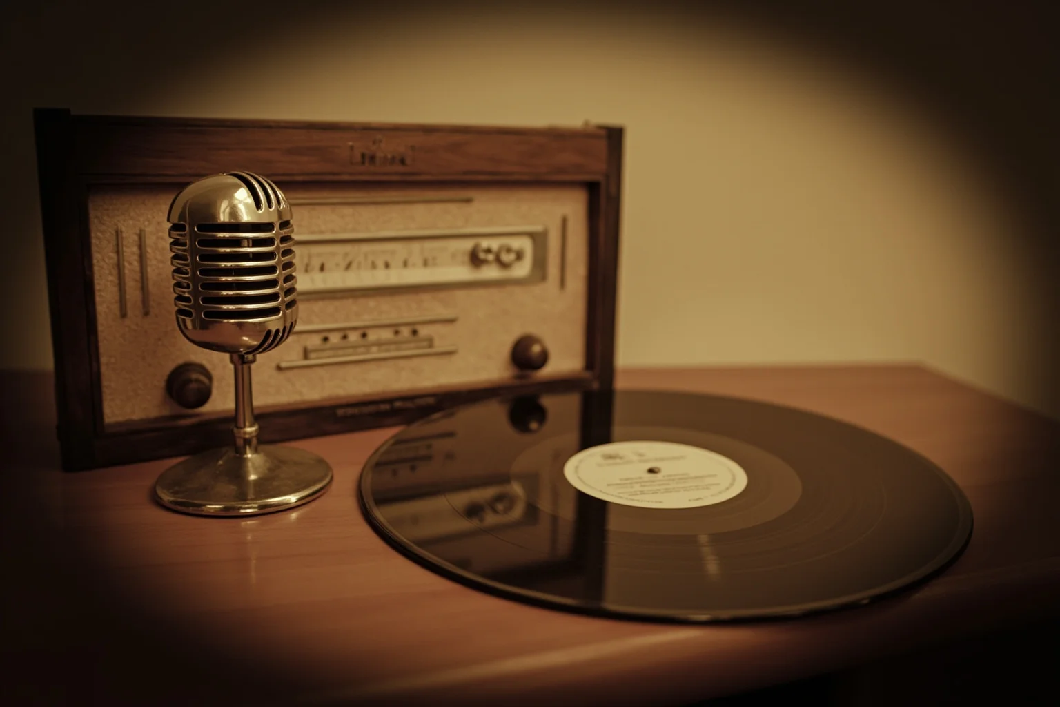 A 1950s radio microphone and a vinyl record on a wooden desk, warm sepia tones, nostalgic mid-century atmosphere