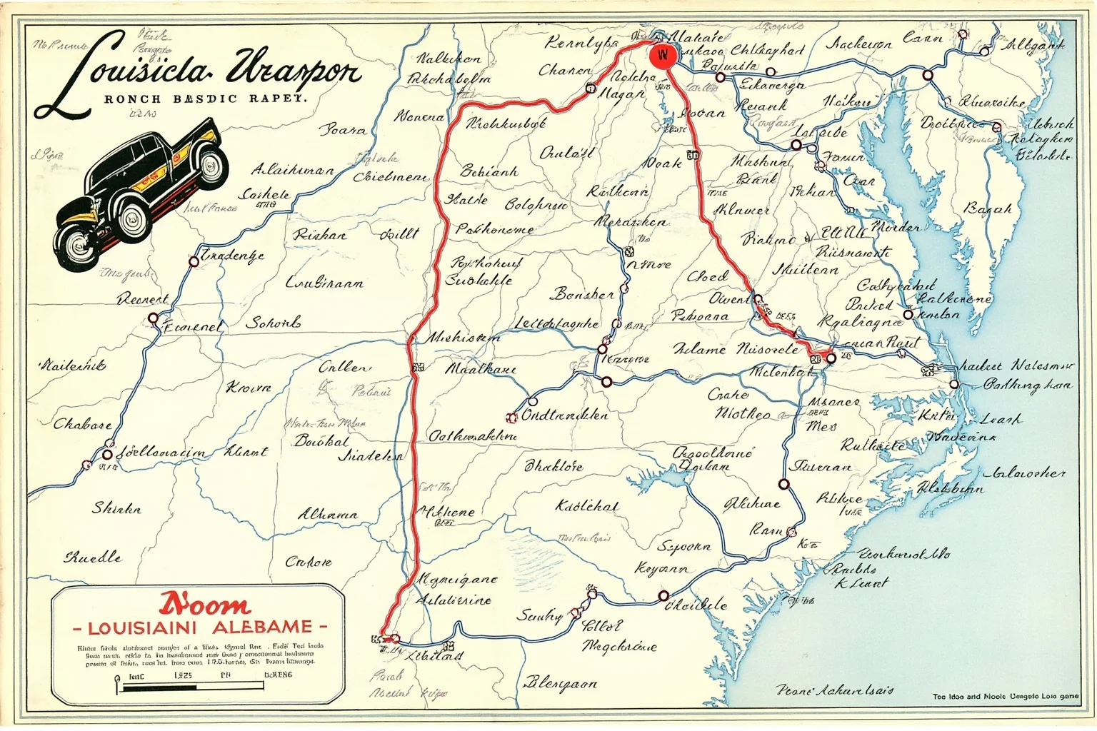A 1950s road map of Louisiana, Mississippi, Alabama, and Georgia with a marked route and vintage car, top-down view.