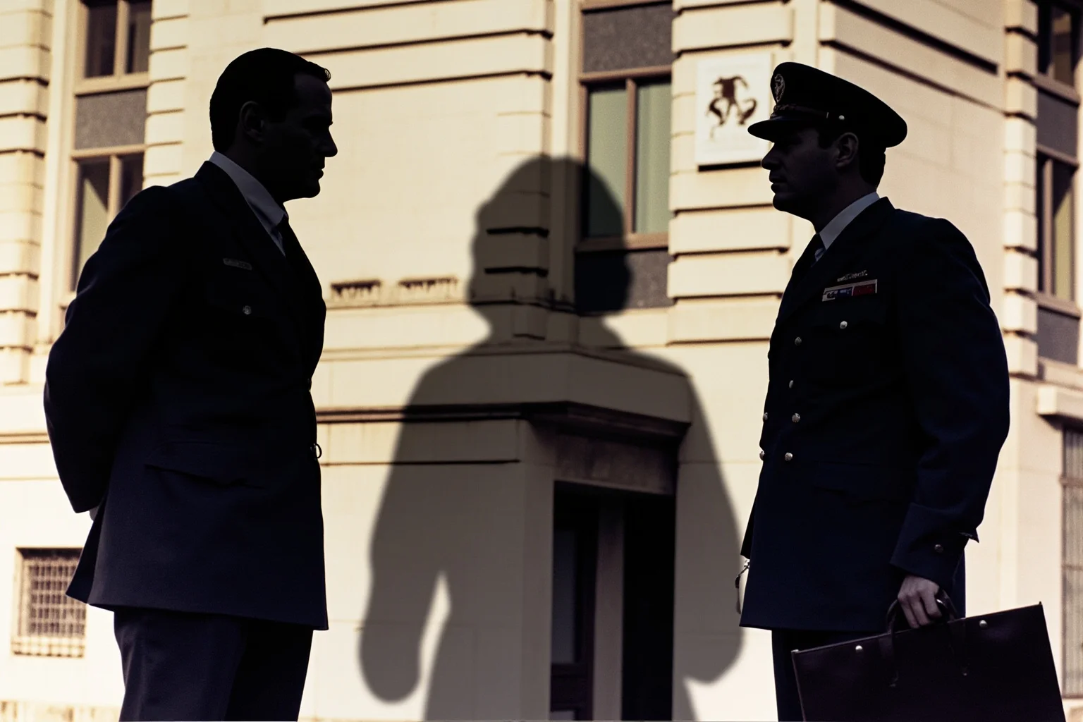 A 1960s London scene showing a government building with a shadowy figure of a woman between a politician and a Soviet officer silhouette, representing the Profumo Affair