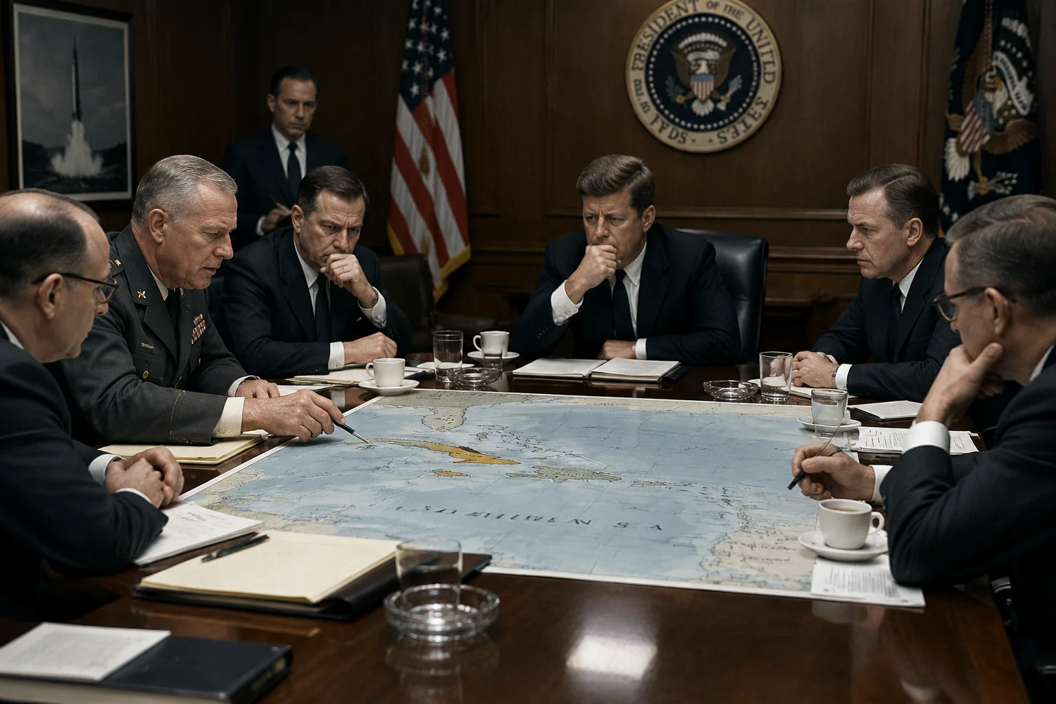 A 1960s meeting room with tense advisers and a map of the Caribbean on the table, serious documentary style