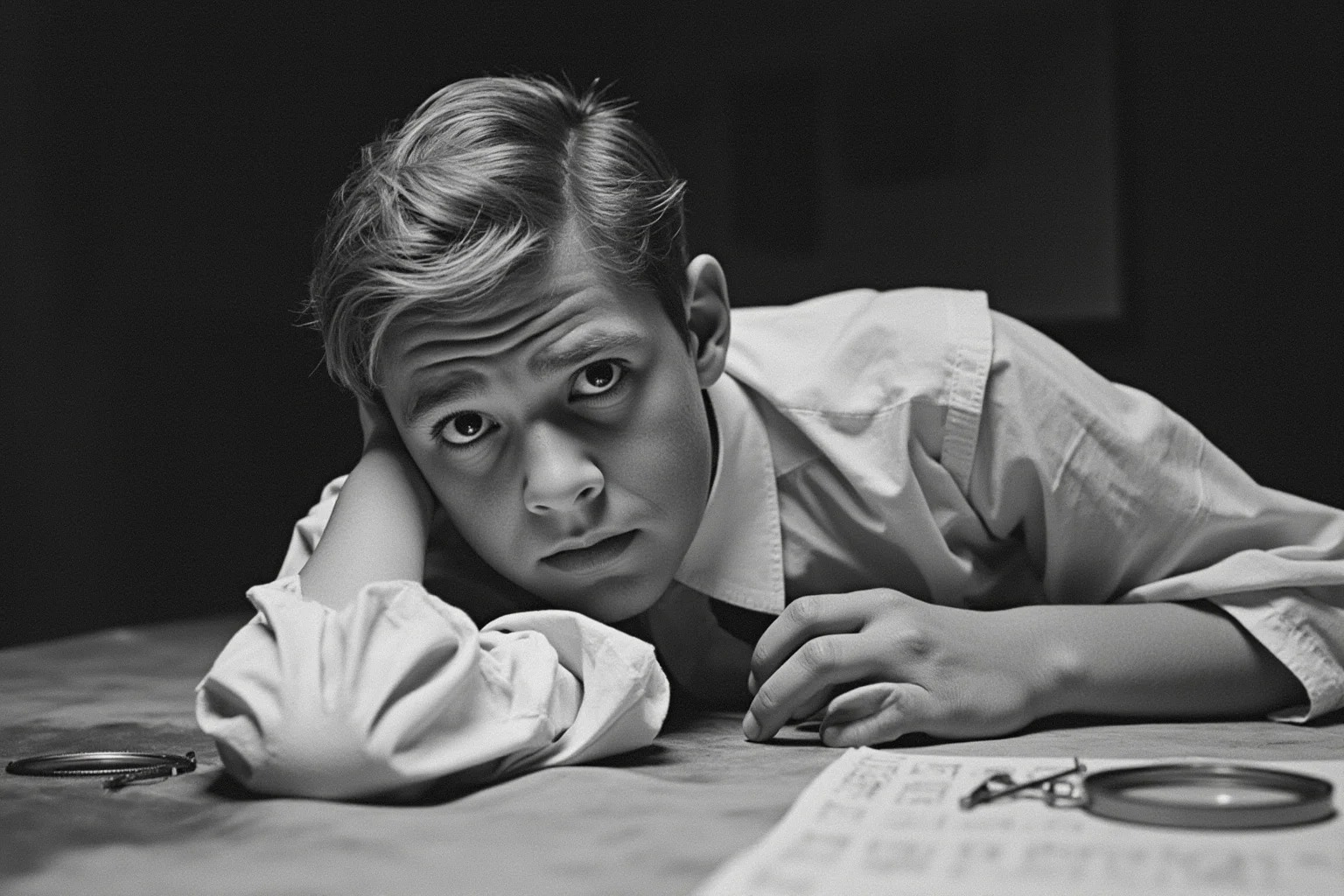 Scariest Missing Persons Cases in History: 20 Creepy Disappearances That Still Baffle Us 20 A 1960s photograph of a young man resembling a missing child, lying on a table with a magnifying glass, vintage filter, ambiguous expression.