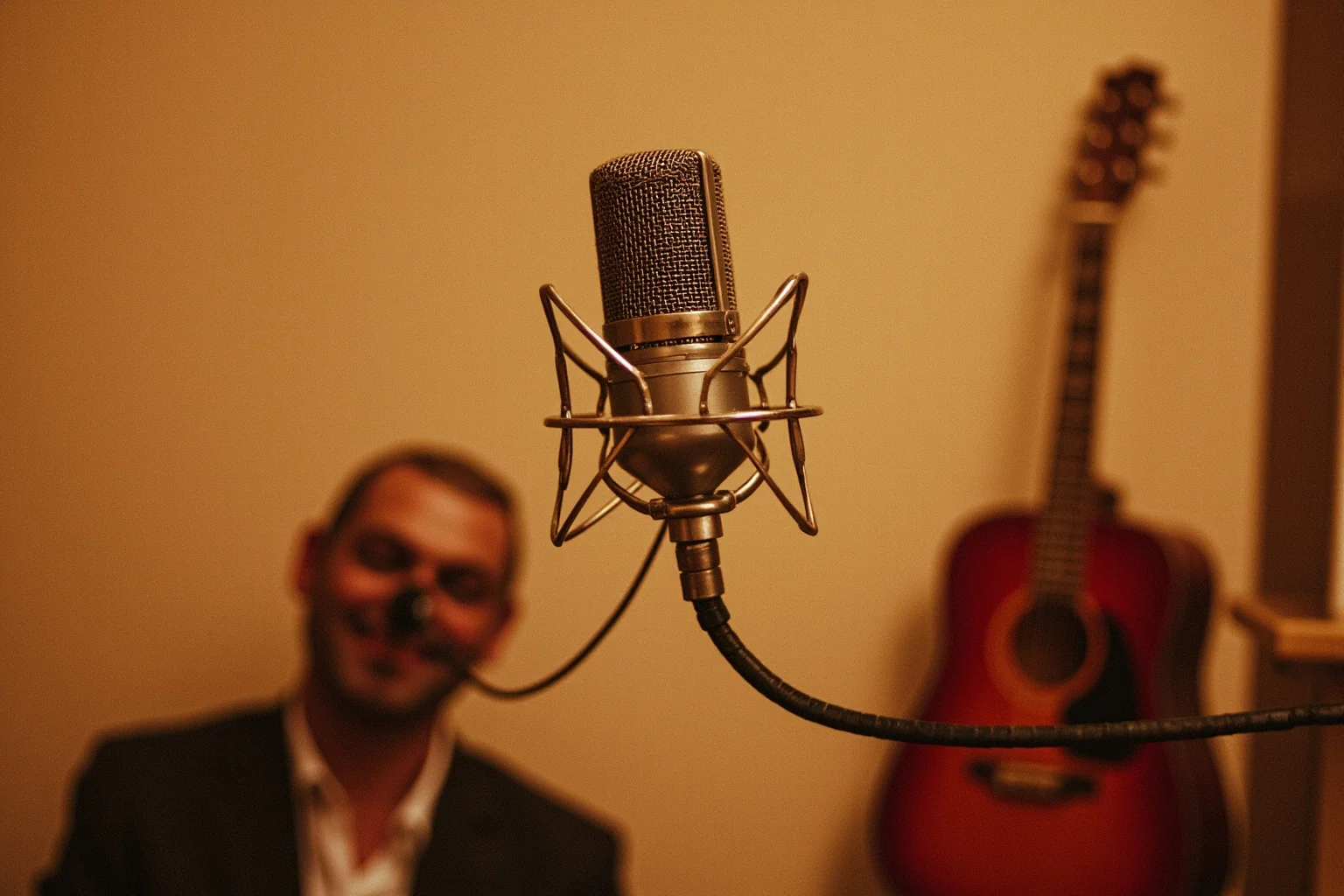 A 1960s recording studio with a vintage microphone and acoustic guitar, warm lighting, sepia-toned nostalgic illustration