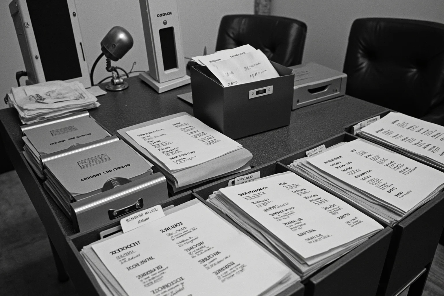 A 1960s scene showing a desk covered with classified FBI documents and surveillance equipment, with file folders labeled with names of civil rights leaders, representing COINTELPRO