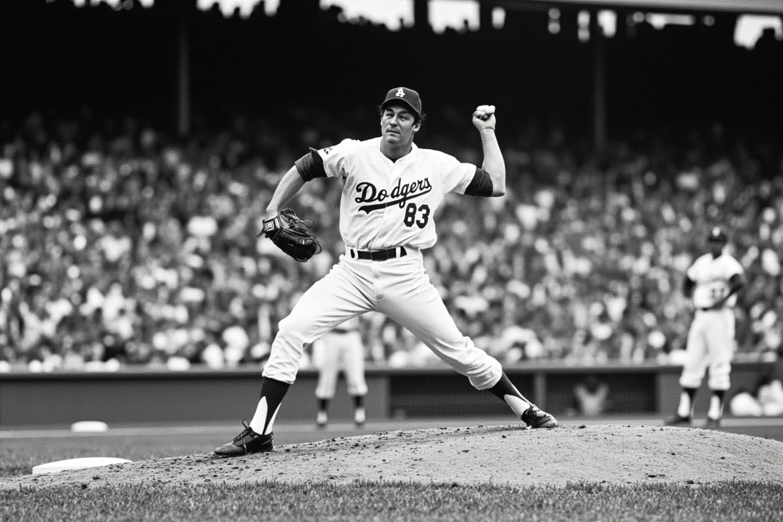 25 Memorable Moments That Defined World Series History 26 A 1965 Dodgers-style pitcher completing a shutout on short rest, 1960s World Series mound, exhausted but triumphant, no recognizable face.