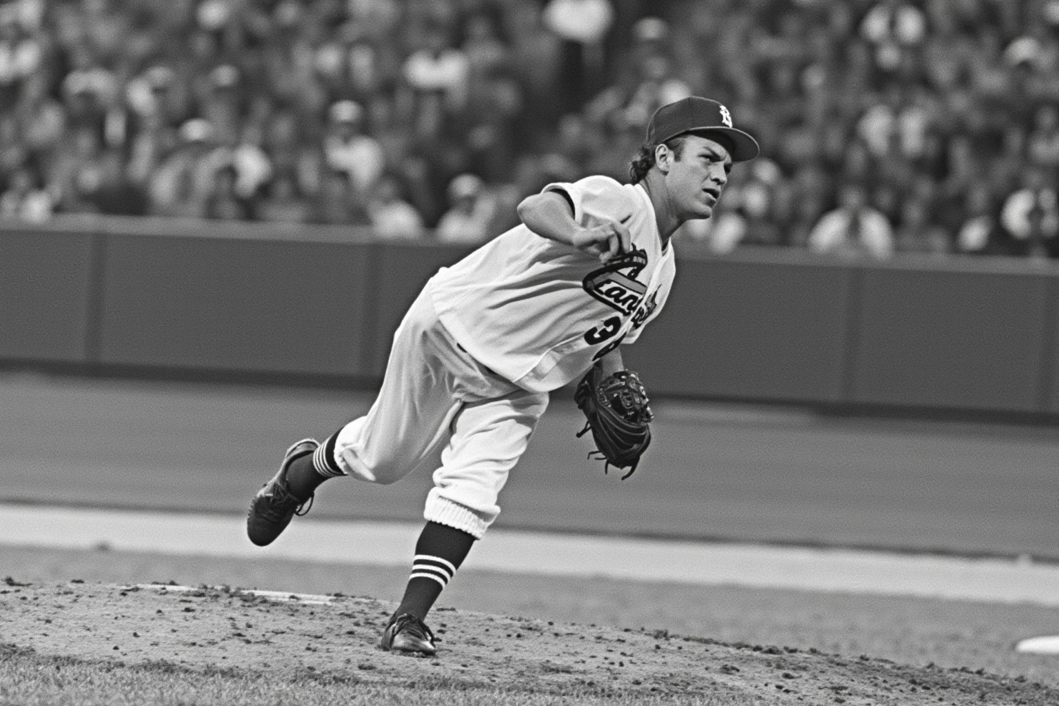 25 Memorable Moments That Defined World Series History 25 A 1968 Cardinals-style pitcher striking out a batter in a World Series game, vintage mound, record-setting tension, no recognizable face.