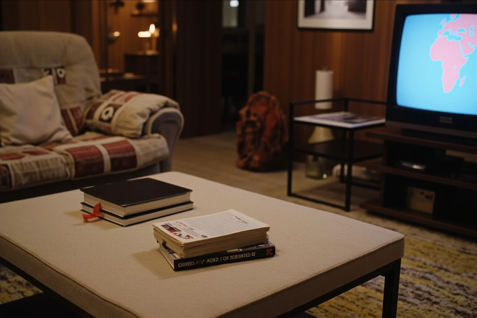 25 Times Historical Figures Predicted the End of the World 21 A 1970s American living room with a paperback prophecy book on a coffee table, a television showing a map of the Middle East, shag carpet and wood paneling.