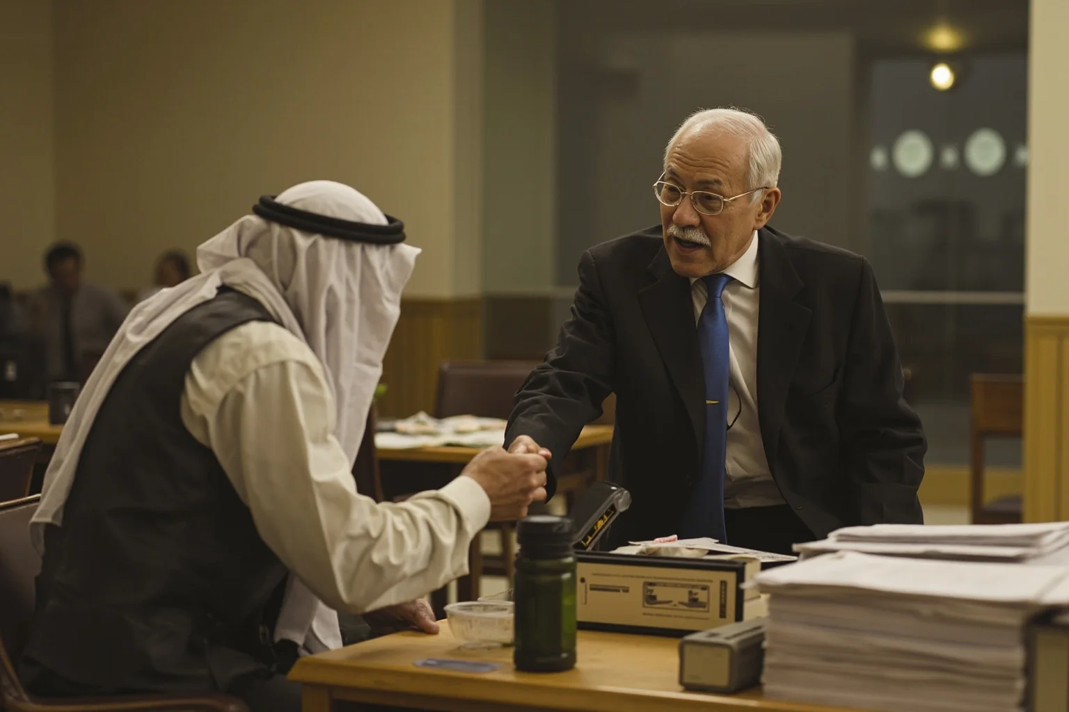 A 1970s hotel room scene showing a man in Arab headdress handing an envelope of cash to a politician while hidden cameras record from behind a mirror, representing the Abscam sting operation