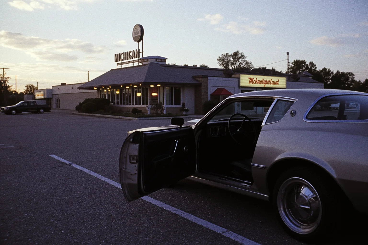 Scariest Missing Persons Cases in History: 20 Creepy Disappearances That Still Baffle Us 11 A 1970s parking lot outside a Michigan restaurant, a car with an open door, empty space where a person should be, late afternoon light, noir style.