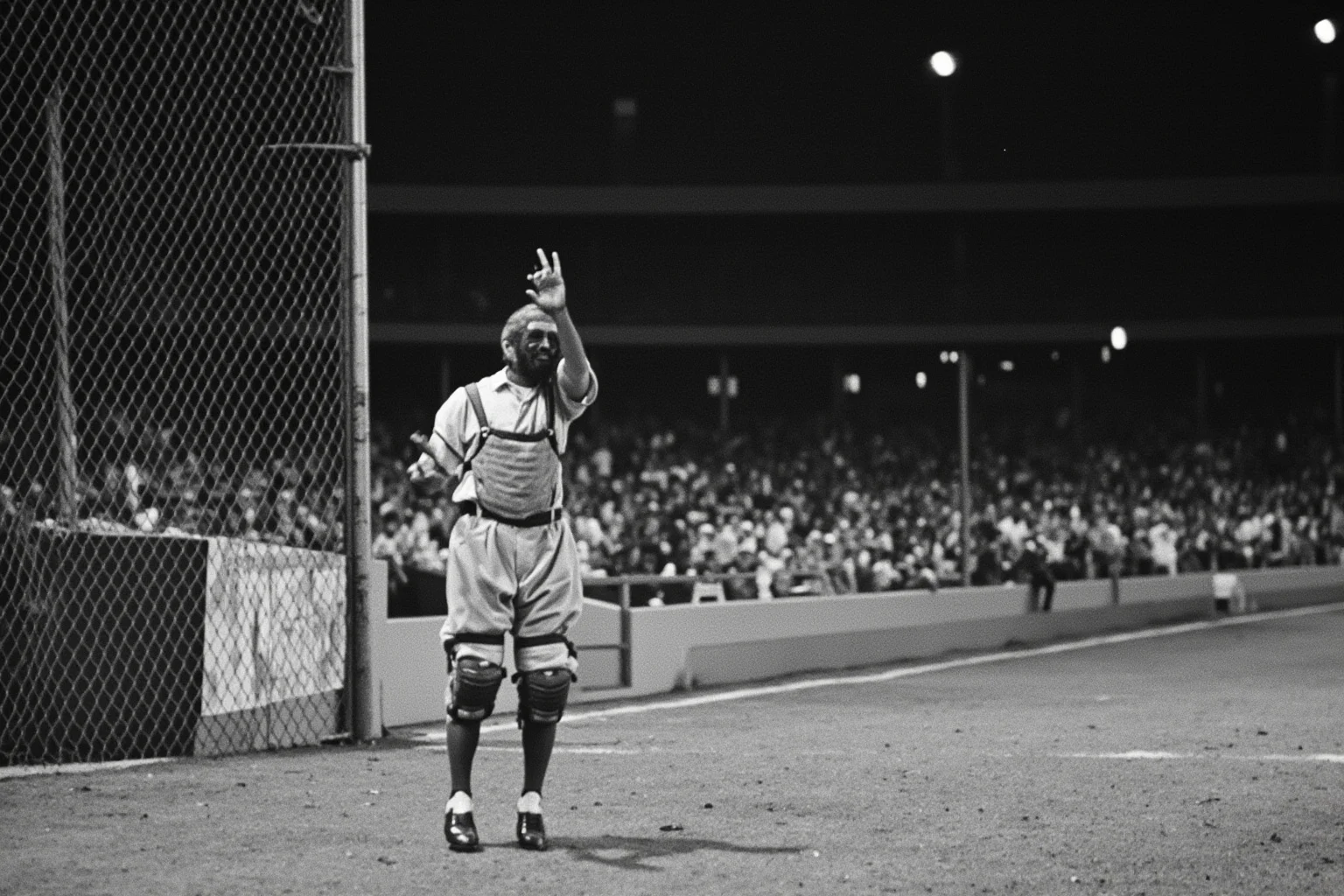 25 Memorable Moments That Defined World Series History 12 A 1975 catcher waving a home run fair near the left-field pole, Fenway Park-style ballpark, night game, no recognizable face.