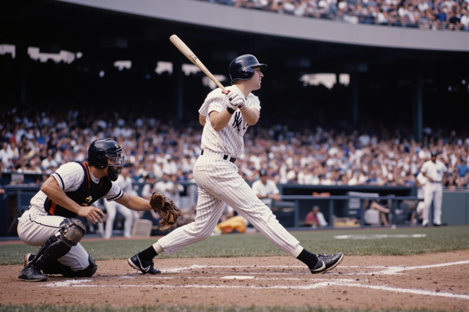 25 Memorable Moments That Defined World Series History 13 A 1977 slugger hitting a home run in a World Series game, Yankee Stadium-style backdrop, vintage film look, no recognizable face.