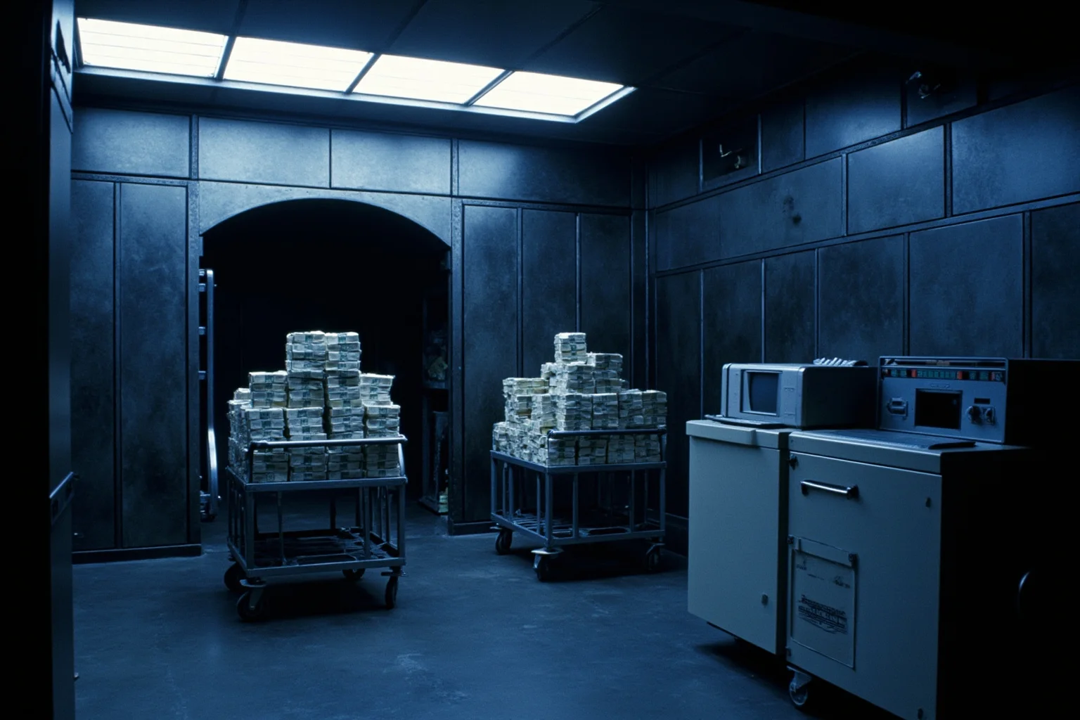 A 1990s bank vault interior with stacked bundles of cash on metal carts and a mainframe terminal nearby, cool blue lighting