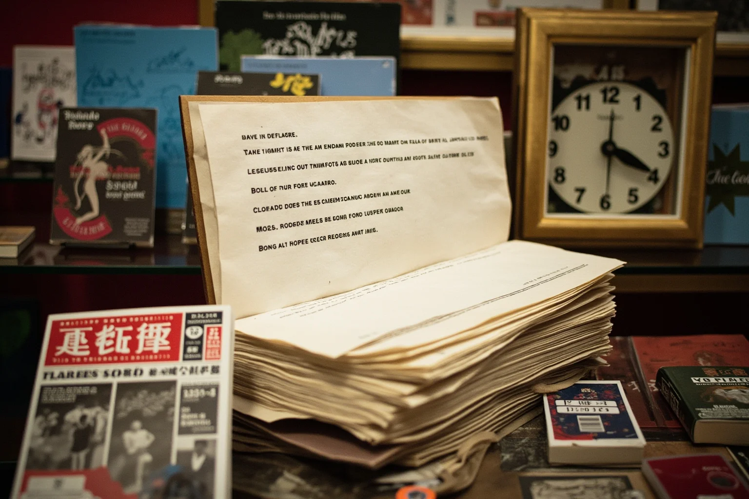 25 Times Historical Figures Predicted the End of the World 24 A 1990s bookstore display with a book of quatrains propped open, a tabloid cover beside it, and a clock on the wall approaching midnight.