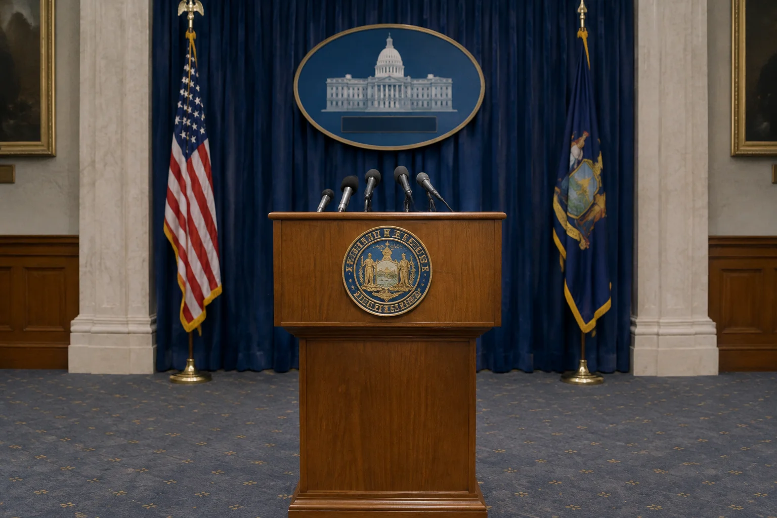 The Election Decided By A Dead Man: The True Story of Missouri's 2000 Senate Race 6 A 1990s-era governor's podium in a state capitol press room, empty, with microphones and a state seal, unreadable signage.