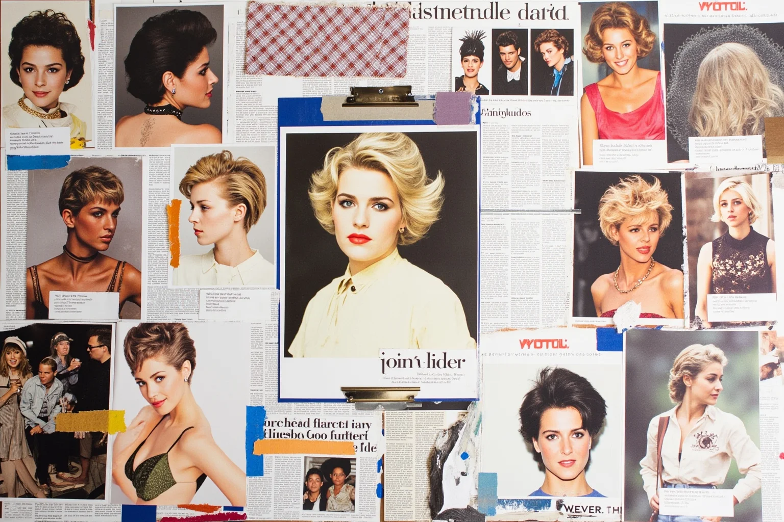 Things To Learn About The Beloved Princess Diana 17 A 1990s fashion mood board featuring short feathered hairstyle photos, magazine clippings, and fabric swatches, no recognizable faces.
