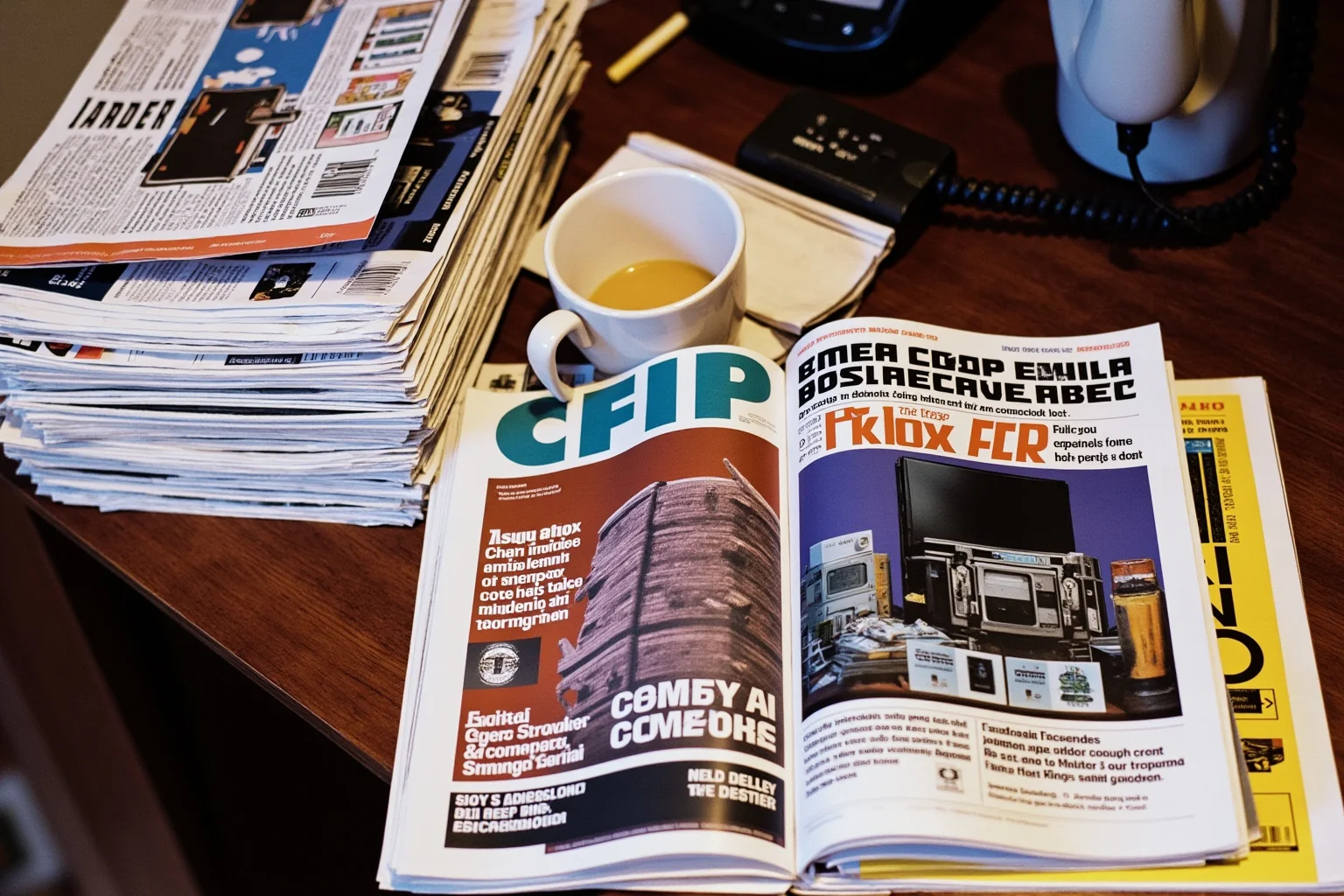 A 1990s office desk with a stack of trade magazines, one open to a cover story about computers and the year 2000, coffee mug and rotary phone nearby