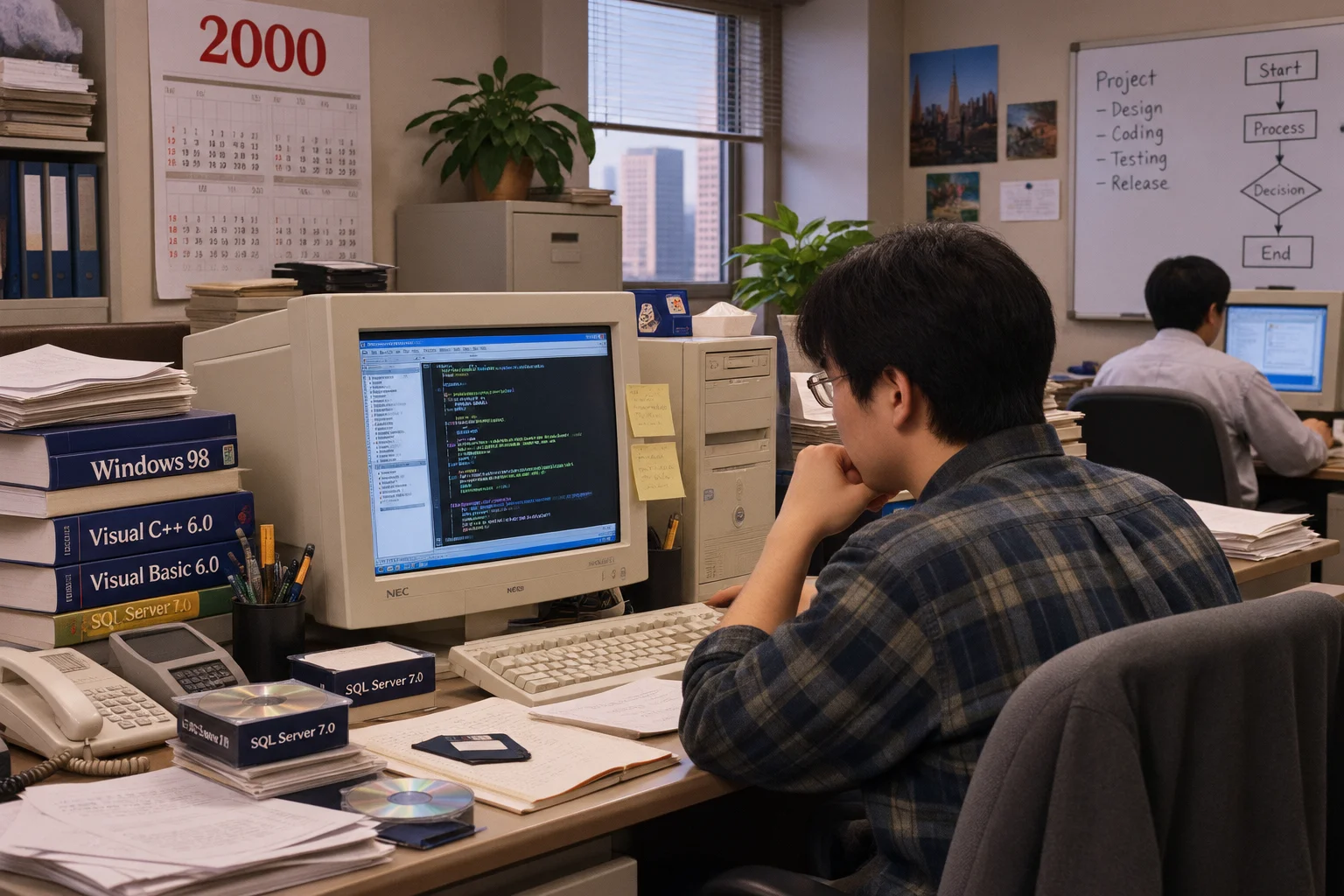 A 1990s office with bulky computers, a wall calendar showing the year 2000, and a programmer reviewing code, nostalgic tech scene
