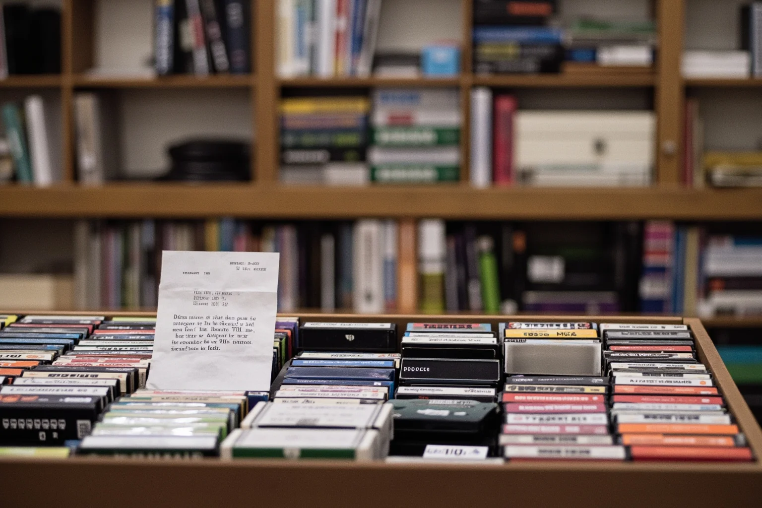 A 1990s video rental store counter with a paper receipt showing an absurd late fee date and shelves of VHS tapes behind it