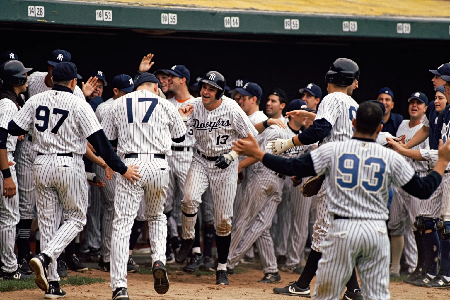 25 Memorable Moments That Defined World Series History 18 A 1996 Yankees-style comeback celebration, players pouring from the dugout, old Atlanta-style ballpark, no recognizable faces.