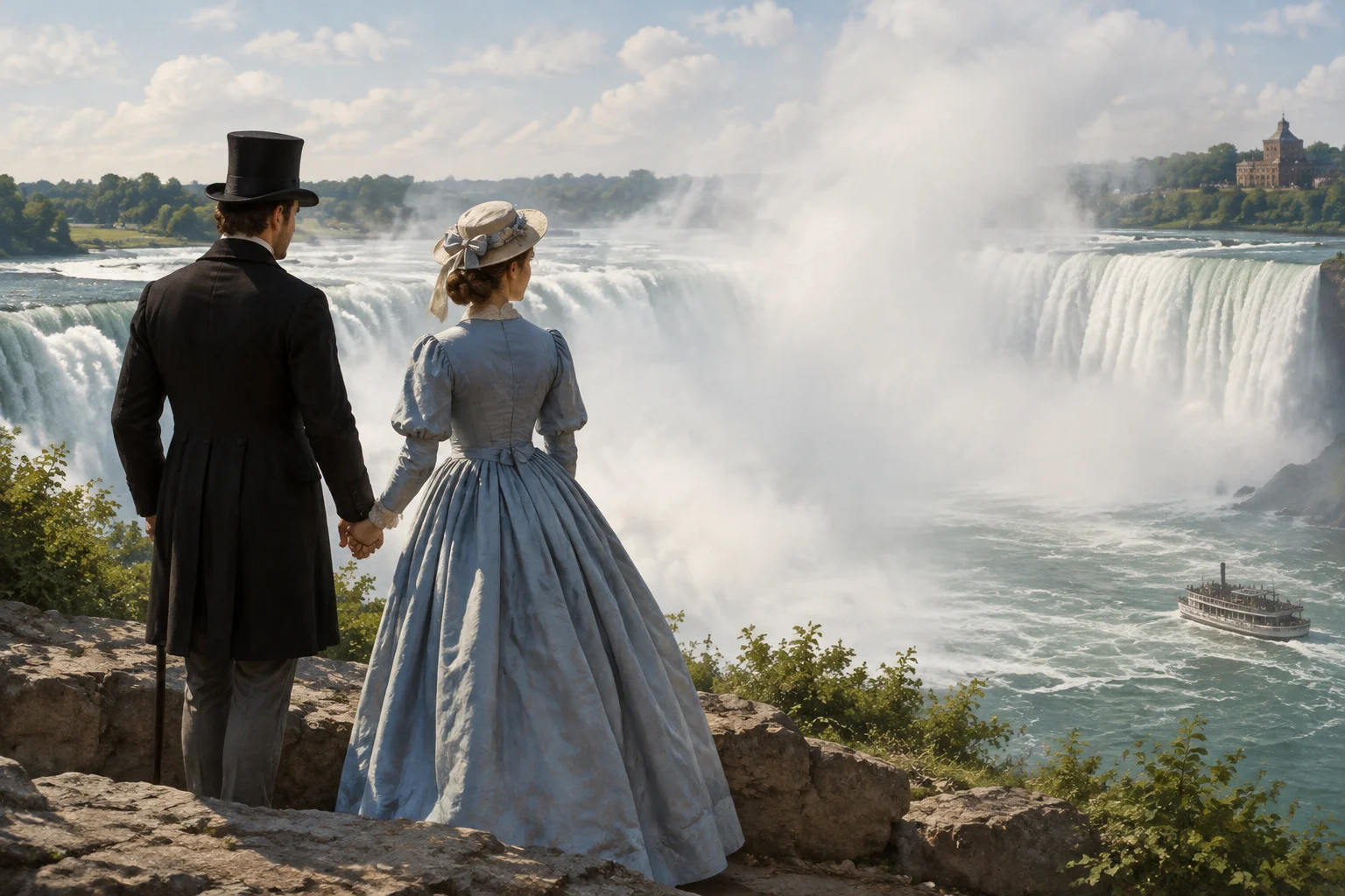 When Did Honeymoons Become A Normal Part Of Getting Married? 6 A 19th-century American couple at Niagara Falls, mist rising, holding hands, stylish period clothing, romantic natural landscape.
