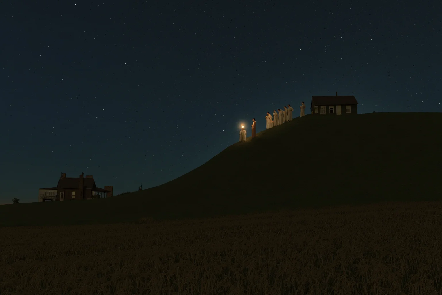 25 Times Historical Figures Predicted the End of the World 16 A 19th-century American hillside at night with a small group in pale robes watching the sky by lantern light, a farmhouse below and a field of stubble.