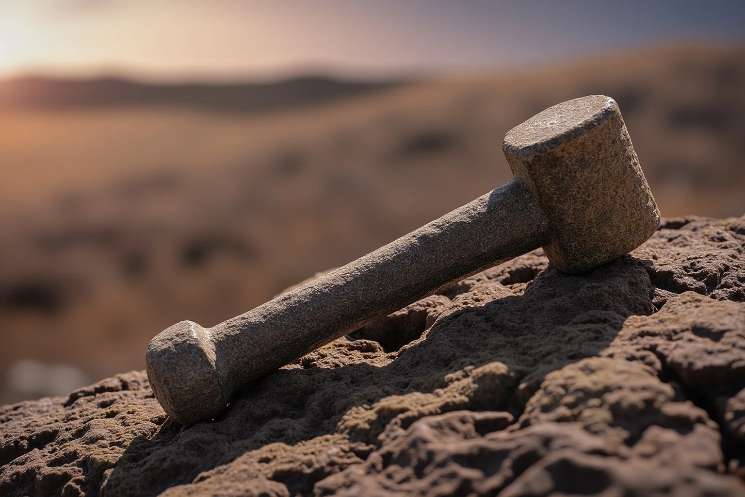 A 19th-century hammer embedded in a rock concretion, close-up, Texas landscape background, photorealistic
