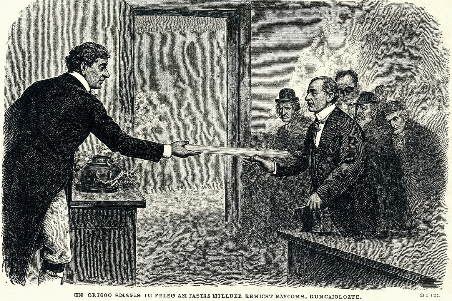 A 19th-century illustration showing a railroad baron handing stock certificates to shadowy figures in a smoky backroom, representing the Crédit Mobilier scandal of 1872
