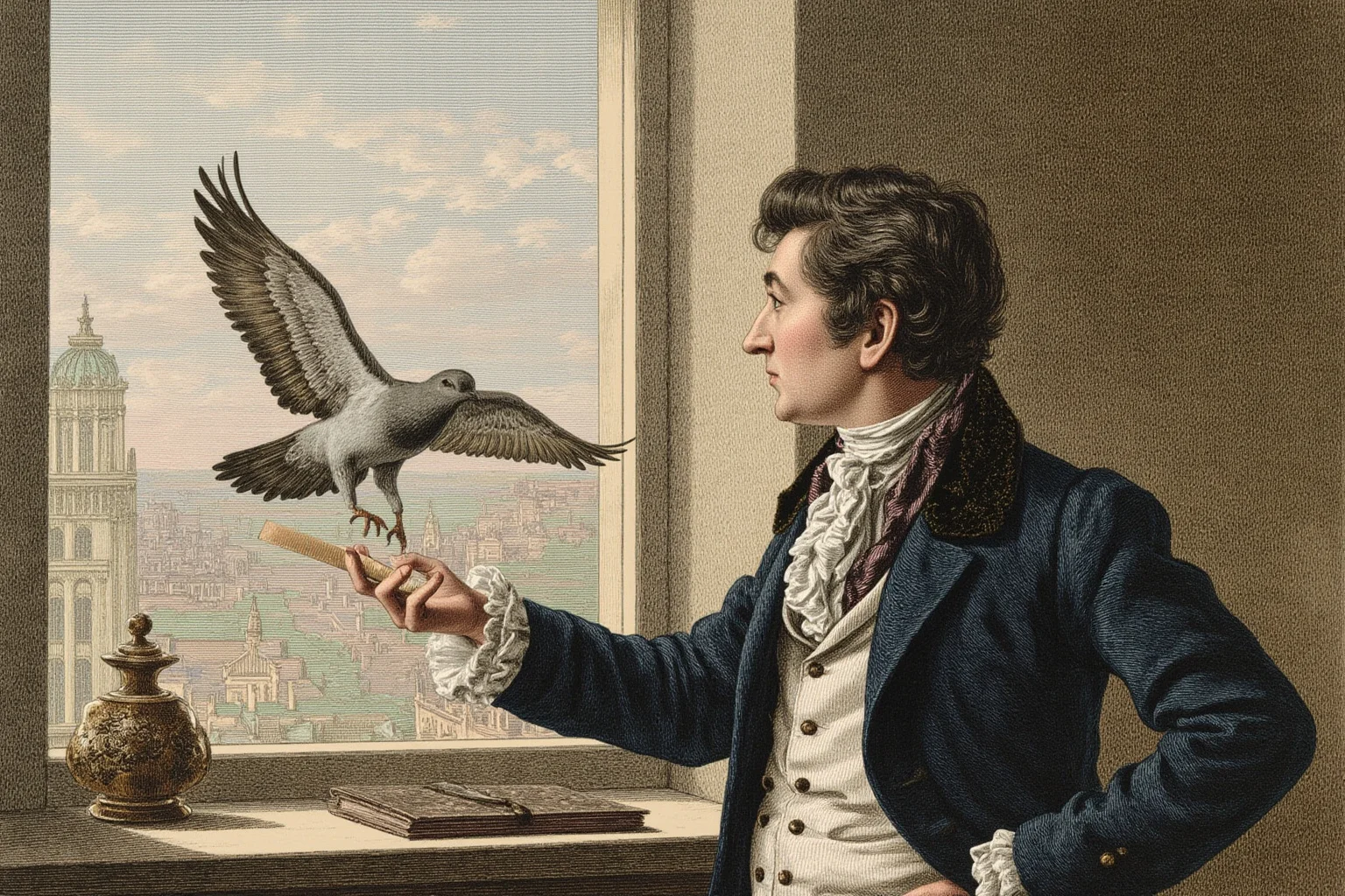 A 19th-century London financial scene showing a banker in a frock coat receiving a small message from a pigeon that has just landed on his windowsill