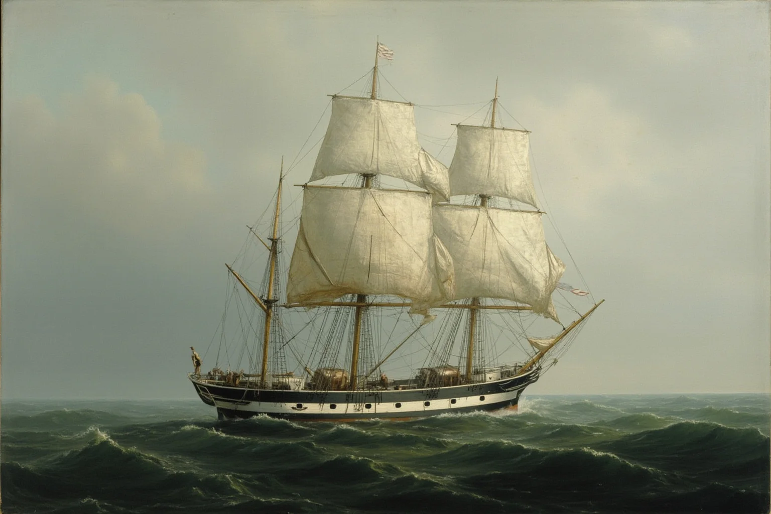 Scariest Missing Persons Cases in History: 20 Creepy Disappearances That Still Baffle Us 4 A 19th-century merchant sailing ship adrift on a calm Atlantic ocean, sails slightly torn, no crew visible on deck, eerie fog, realistic maritime painting.