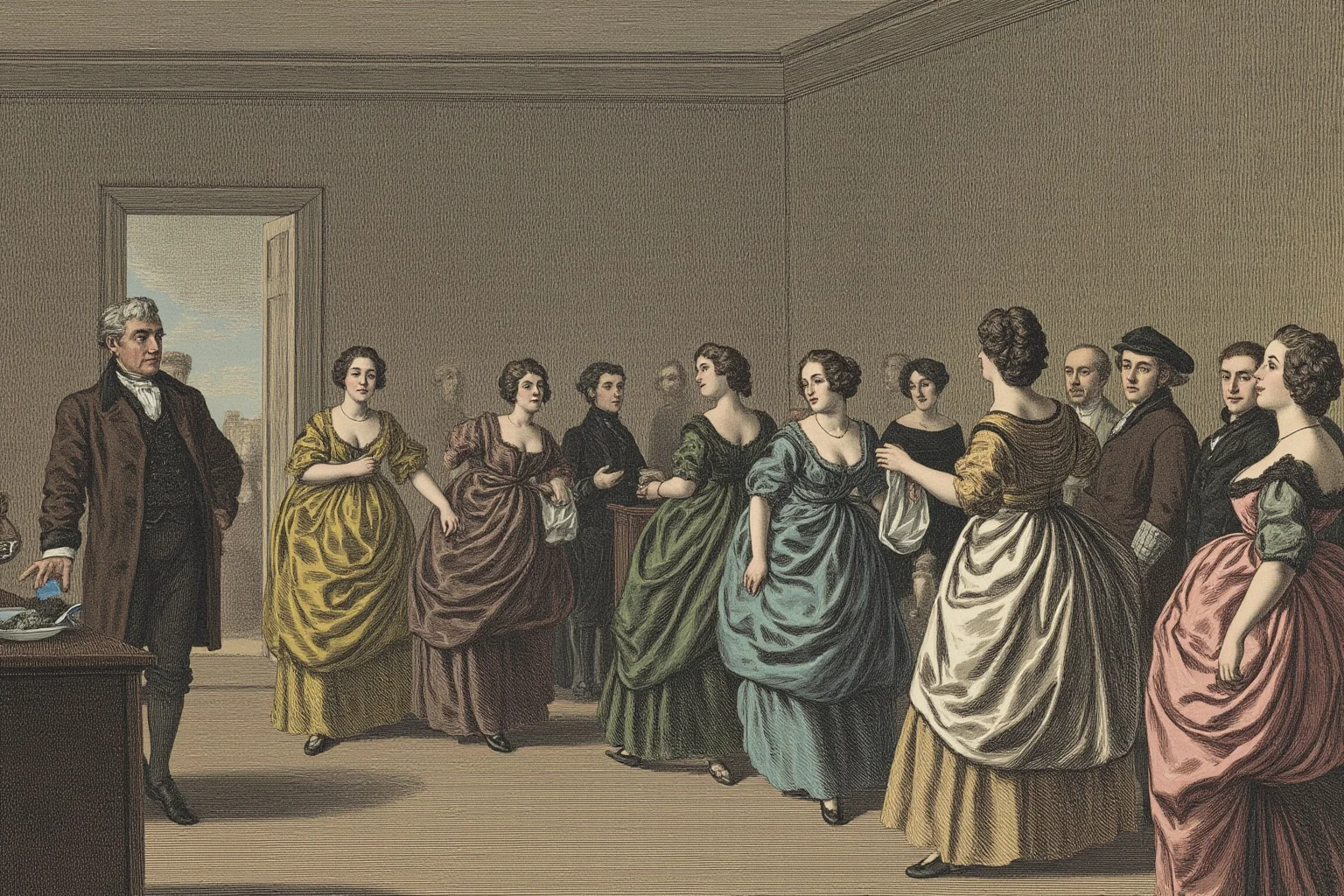 A 19th-century Washington D.C. social gathering scene showing a divided cabinet room with women in period dresses turning away from one figure, representing the Petticoat Affair of the Jackson era