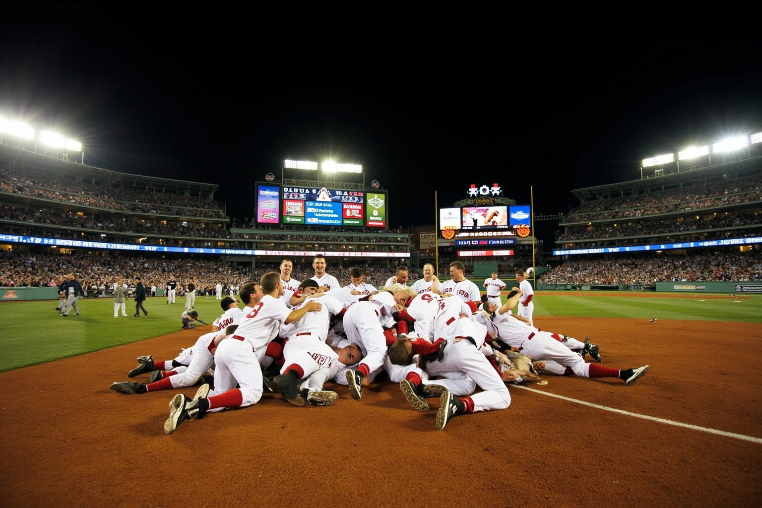 25 Memorable Moments That Defined World Series History 21 A 2004 Red Sox championship celebration at Fenway Park-style stadium, players dogpiling, autumn night, no recognizable faces.
