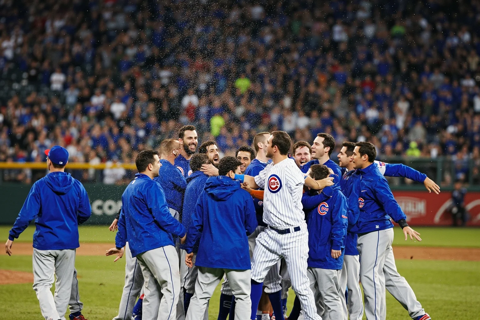 25 Memorable Moments That Defined World Series History 23 A 2016 Cubs-style championship celebration after a 10th-inning Game 7, rain-soaked field, blue pinstripes, no recognizable faces.
