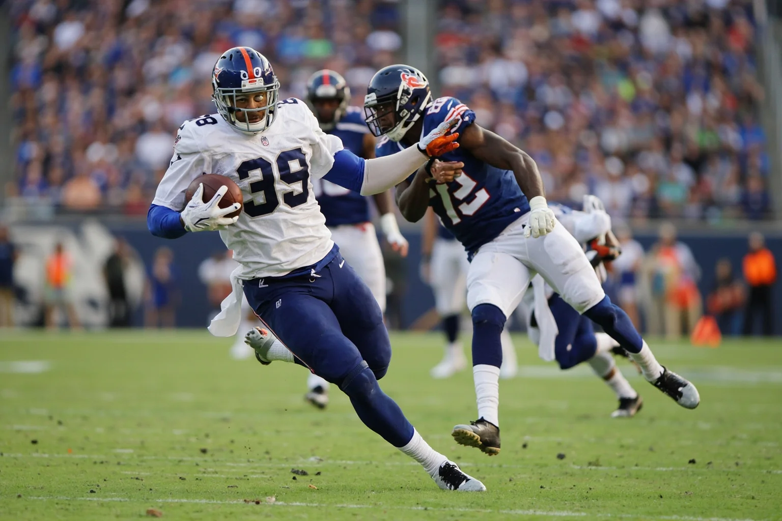 A 99-yard kickoff return by a special teams player, generic uniforms, no real logos or names, open field speed.