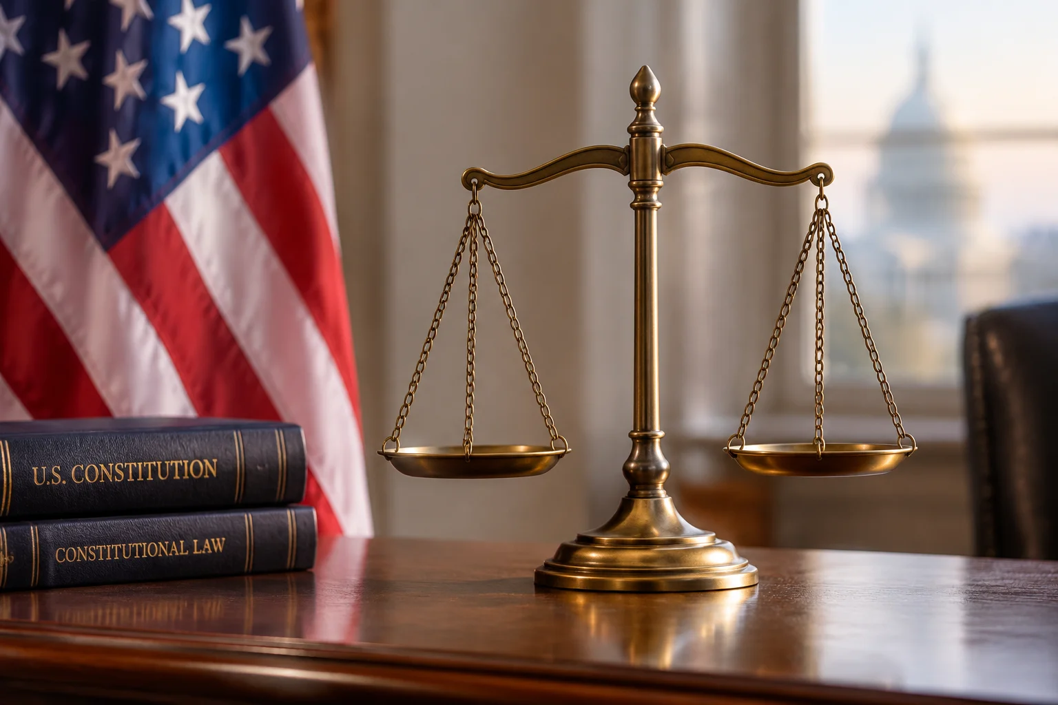 The Election Decided By A Dead Man: The True Story of Missouri's 2000 Senate Race 21 A balanced scale of justice on a desk beside an American flag, symbolic of constitutional procedure, soft lighting.