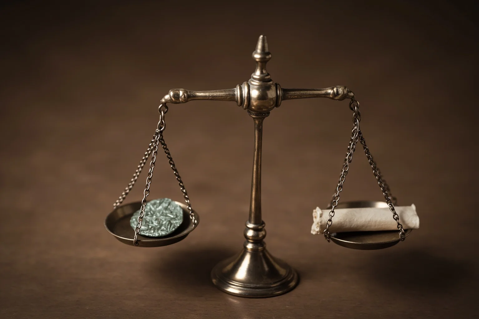 A balanced scale with a Roman coin on one side and a scroll on the other, symbolic still life, classical style