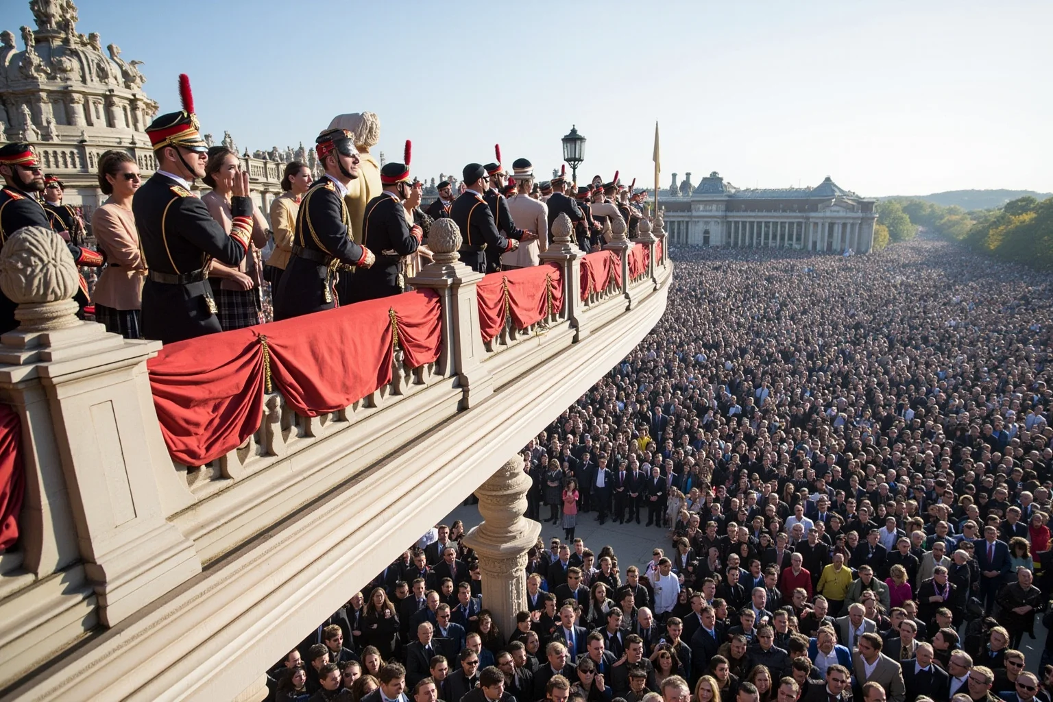 Facts You Didn't Know About Queen Elizabeth II, the World's Second-Longest Reigning Monarch 22 A balcony draped with a royal standard and a large crowd below, wide ceremonial view, no identifiable faces