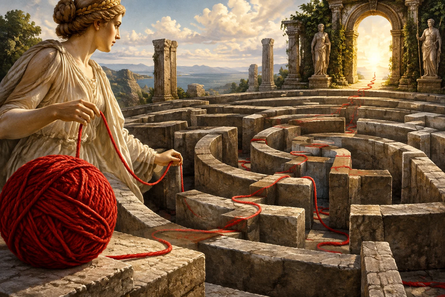 A ball of red thread leading through a maze toward an exit, symbolic classical mythology illustration.