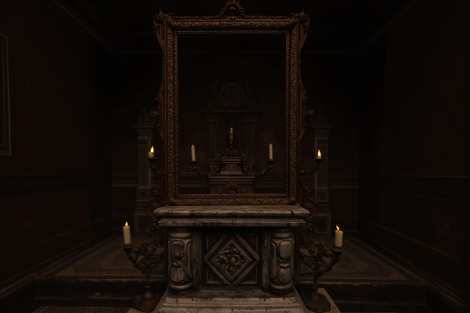 22 Famous Paintings That Were Stolen — Including 10 That Were Never Recovered 17 A baroque Sicilian oratory with an empty ornate frame above an altar, lit candles and deep shadows, dusty air, painterly style.
