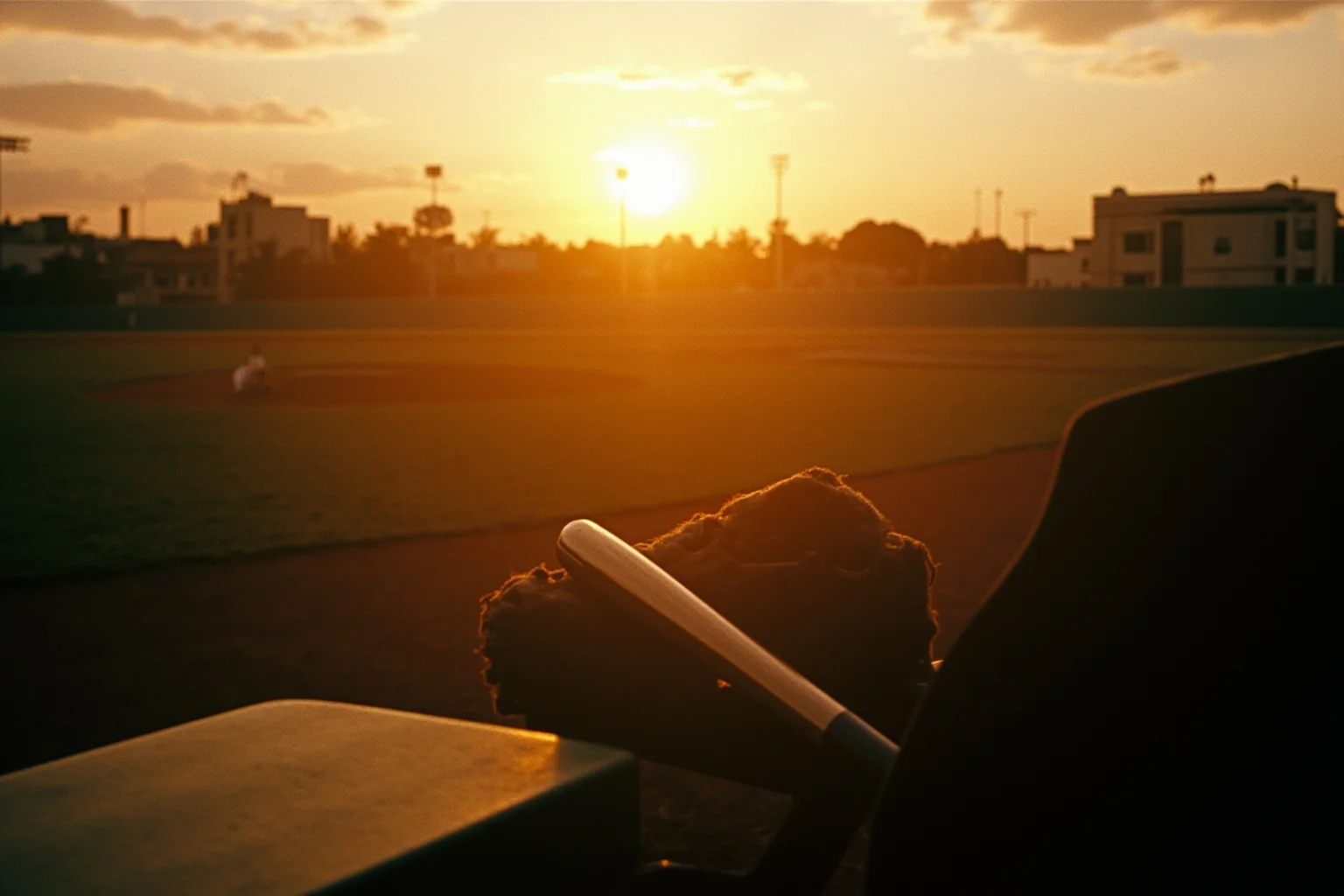 A baseball diamond at sunset with a bat and glove resting on the dugout bench, 1970s Puerto Rico setting, warm golden light